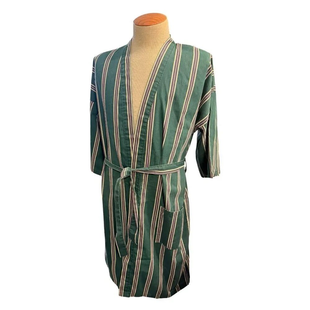 Puritan Men’s Robe Green Plum Stripe Belted Cotton Blend Kimono Loungewear